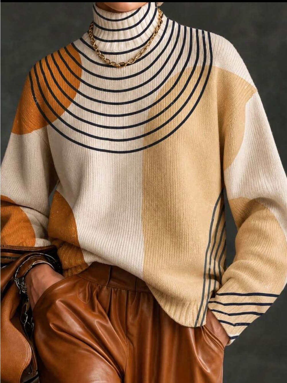 Classic Turtleneck Colorblock Geometric Knit Top Sweater